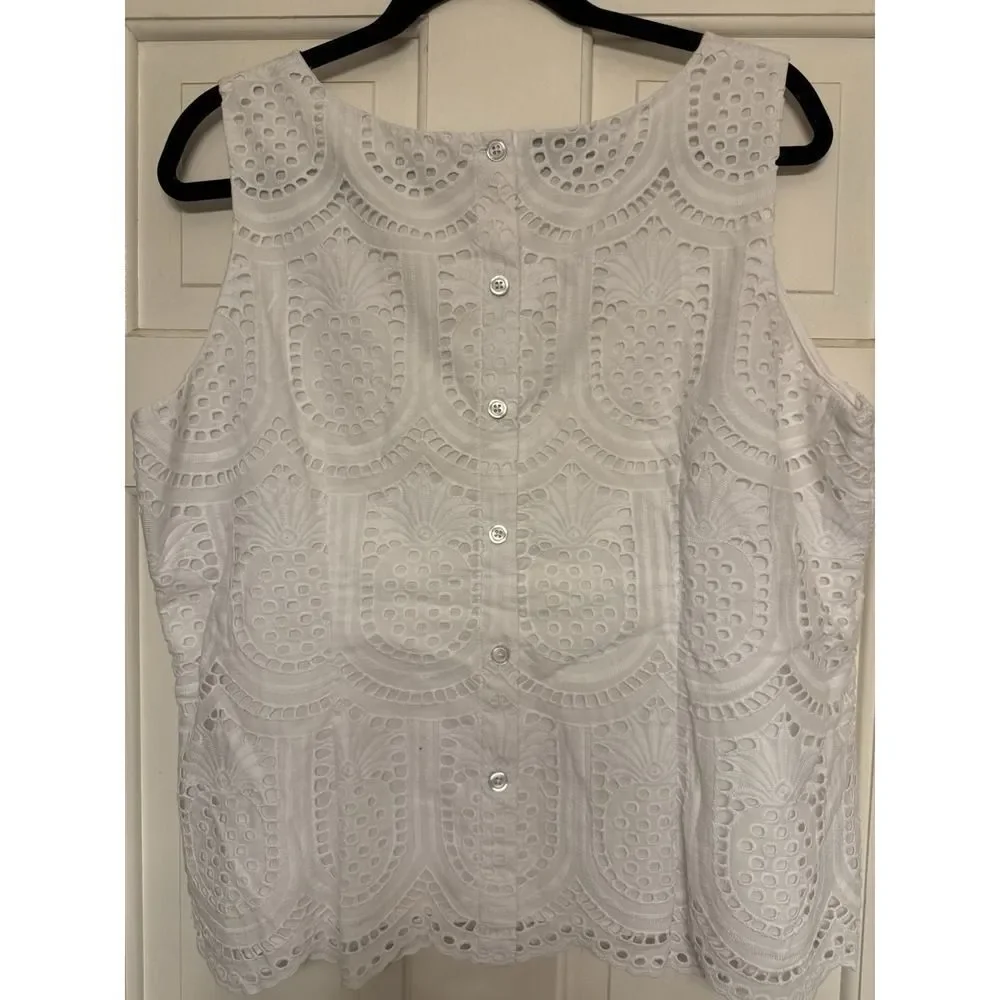 Talbots Womens Sleeveless Tank Top White Eyelet Pineapple Lined Side Zip. Sz XLp